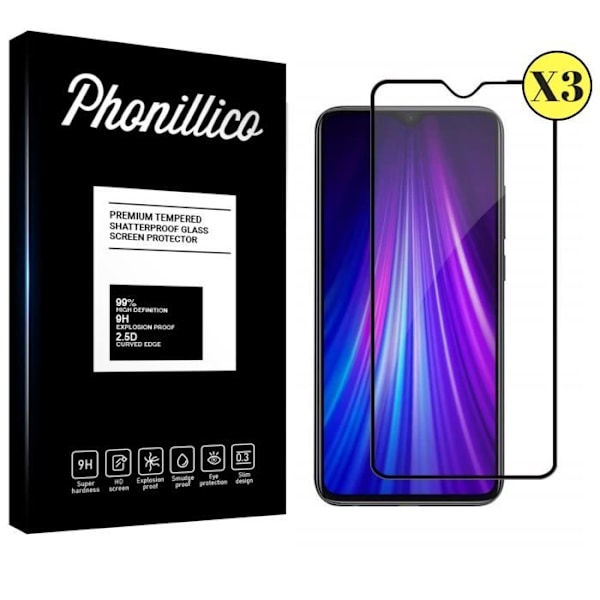 Härdat Glas - Phonillico® - Xiaomi REDMI NOTE 8 PRO - Pack med 3 - Skärmskydd - Svart Kant Transparent, svart