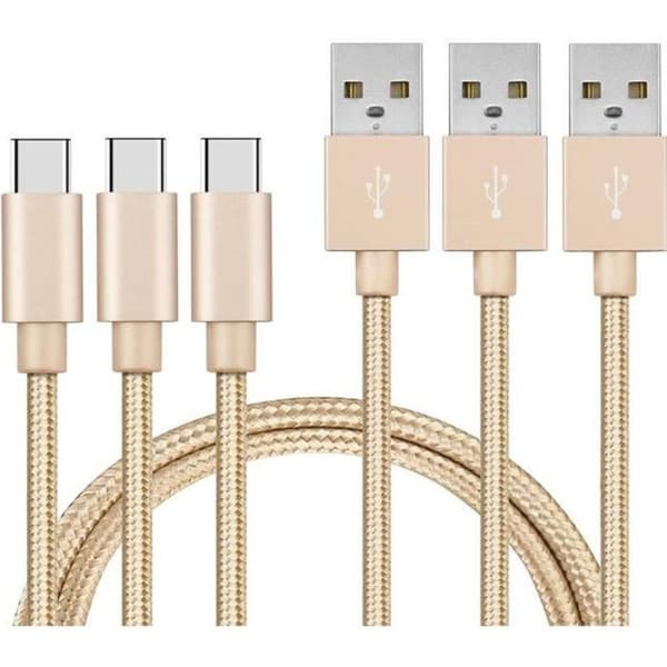 USB-C-kabel til Xiaomi Mi NOTE 10 - Mi NOTE 10 LITE - USB-C opladerkabel Nylonvævet Guld 1 Meter [BUNDLE 3] Phonillico® Guld