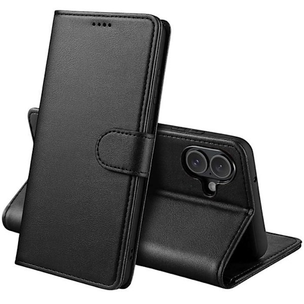 Coque Sort Sort for iPhone 16 PLUS - Portefeuille Rabat Clapet Magnetisk Kortopbevaring Phonillico® Svart