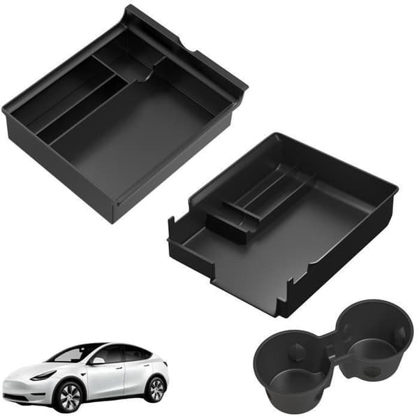 Opbevaring til Tesla Model Y og Model 3 - Bil konsol organizer med bæreholder til kopper Svart