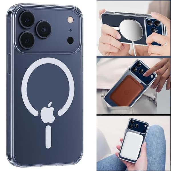 Coque til iPhone 17 PRO MAX og 2 hærdede glas til skærm - Indbygget magnetisk cirkel Phonillico® Transparent