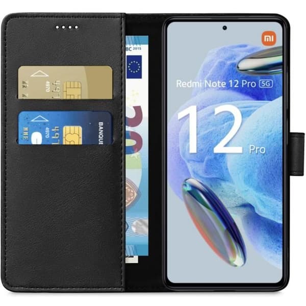 Coque til Xiaomi Redmi Note 12 PRO 5G - Sort Portefølje med Magnetisk Klap til Kortopbevaring Phonillico® Svart
