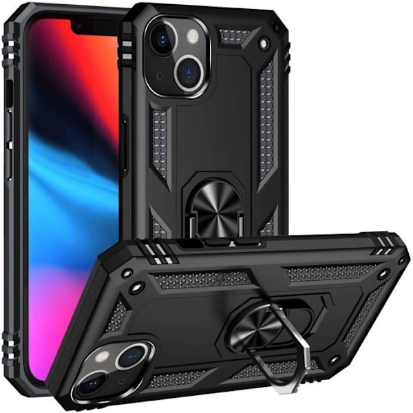 Svart fodral för iPhone 13 (6,1") Stötsäkert skydd Militärstil Robust Ring 360 Roterande Phonillico® Svart