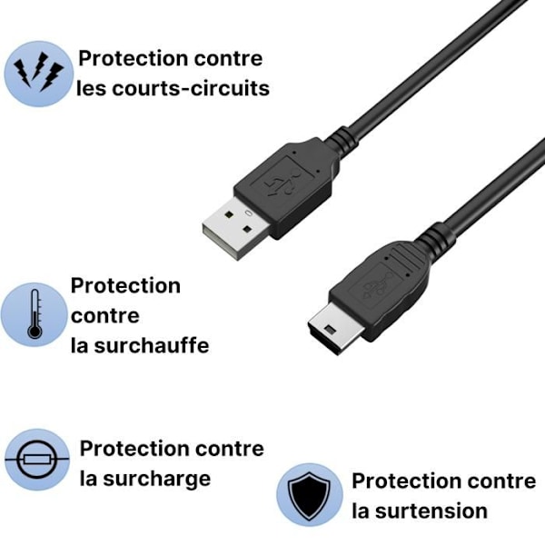 MINI USB-kabler - Phonillico® - Sæt af 3 - Kompatibel med JVC GZ-E205/E207/E209/E300/E305/E309/E505/E509 - 1m - Sort Svart