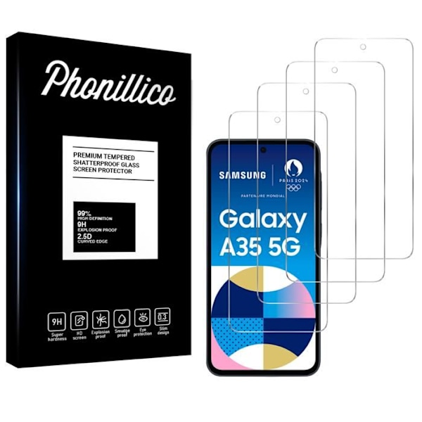 Härdat glas för Samsung Galaxy A35 5G [Pack 4] Skärmskydd Film Phonillico® Transparent