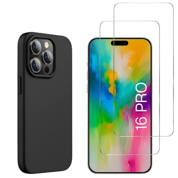 Coque Noir TPU för iPhone 16 PRO och 2 Filmer Härdat Glas Skärmskydd Phonillico® Svart