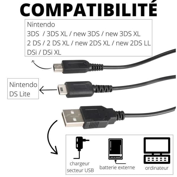 Nintendo 3DS-kompatibel kabel - Phonillico - Sæt af 2 - Længde 1,2m - USB - Sort Svart