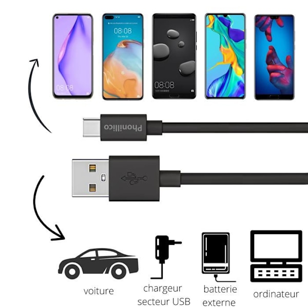 Lot 3 Kaapeleita 20cm USB-C Musta Huawei Y8P / P SMART 2021 / P SMART S / P SMART Z Phonillico® Svart