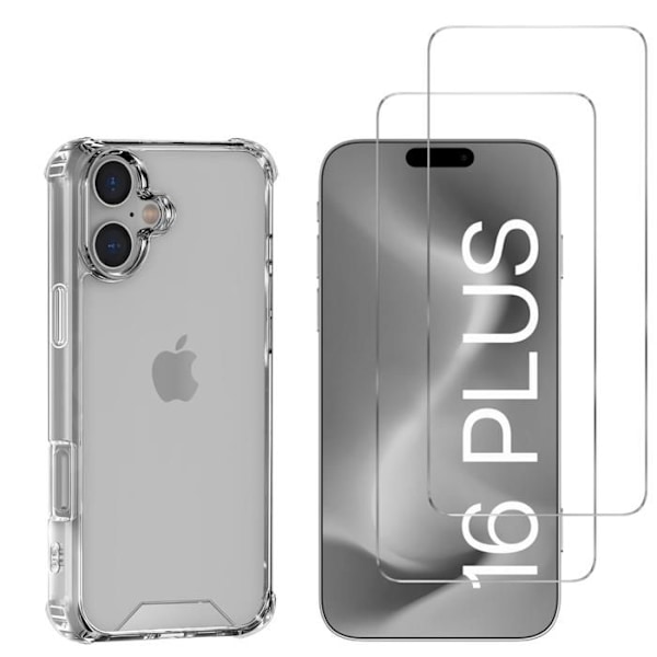 Stötsäker skal för iPhone 16 PLUS och 2 härdade glas skärmskydd Phonillico® Transparent