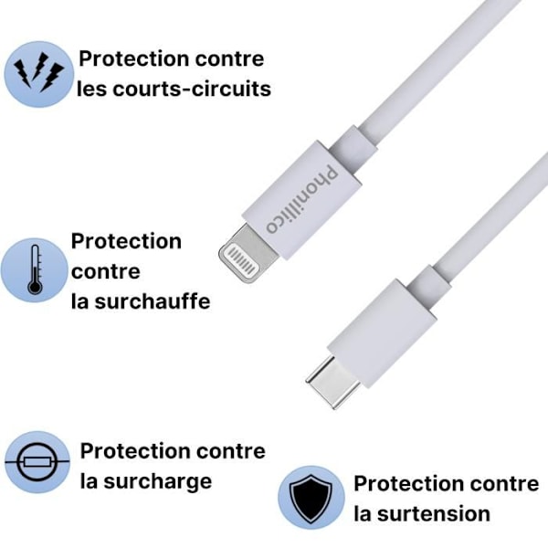 Kabel 20 cm USB-C Lightning Oplader Hvid til iPhone X/XS/XS MAX/XR/7/7 PLUS/8/8 PLUS/6/6S/6 PLUS/5/5S/SE/AirPods Phonillico