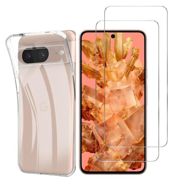 Läpinäkyvä kuori Google Pixel 8:lle ja 2 lasikalvoa näytön suojaksi Phonillico®