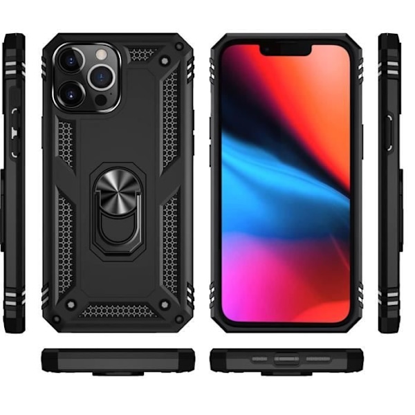 Svart fodral för iPhone 13 PRO (6,1 tum) Stötsäkert skydd Militärstil Robust Ring 360 Roterande Phonillico® Svart