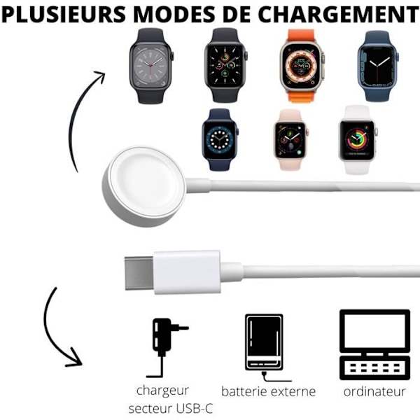 Kompatibel oplader til Watch Series Ultra/Series SE/Series 10/9/8/7/6/5/4/3/2/1 - USB-C kabel 1 meter opladning til smartwatch Phonillico® Vit