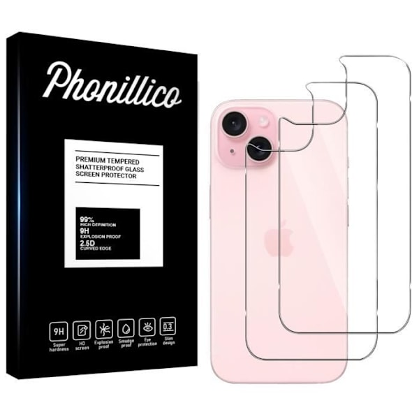Film hærdet glas bagtil til iPhone 15 [Pakke 2] Skærmbeskyttelse Phonillico®