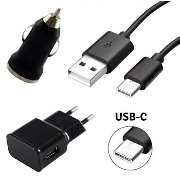 [Yhteensopiva Huawei HONOR 8-9-10-PLAY-VIEW10] 3-in-1 Latauspakkaus - Kaapeli + Verkkosovitin + Autoliitin Musta [Phonillico®] Svart