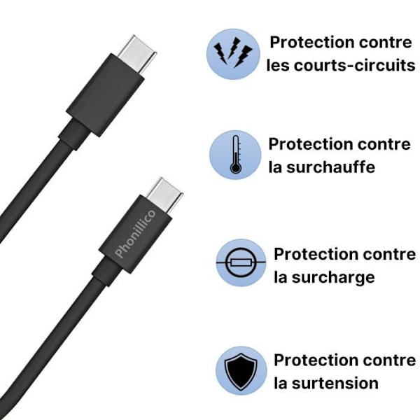 Lot 3 Kablar 20cm USB-C USB-C Svart för Samsung Galaxy A22 4G - A22 5G - A03S - A13 - A13 5G - A23 - A33 5G - A73 5G Phonillico® Svart