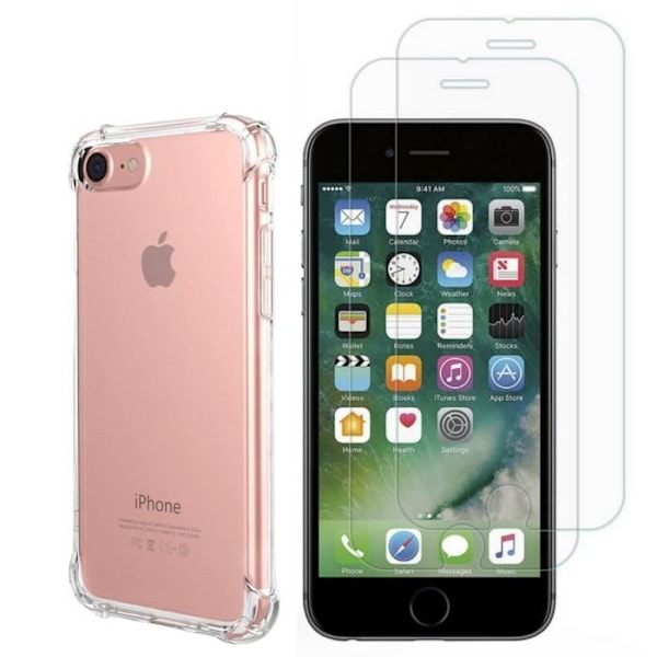 Stødabsorberende cover - Phonillico® - iPhone 8 / iPhone 7 - Blødt silikone - 2 hærdede glas - Forstærket beskyttelse Transparent