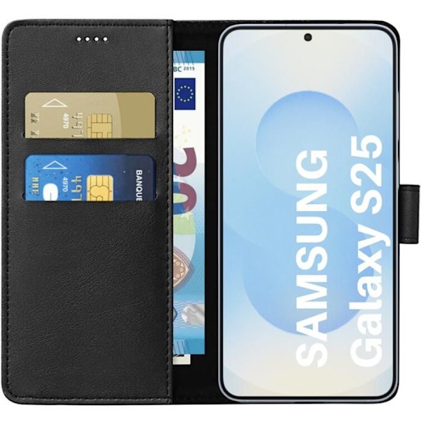 Coque - Phonillico® - Samsung Galaxy S25 - Portefølje Sort - Semi-hård - Læderlook Svart