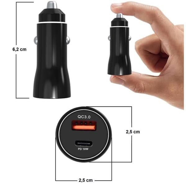 Hurtig biloplader til iPhone 17 / iPhone 17 AIR / iPhone 17 PRO / iPhone 17 PRO MAX - Cigarette lighter USB-C port Phonillico® Svart