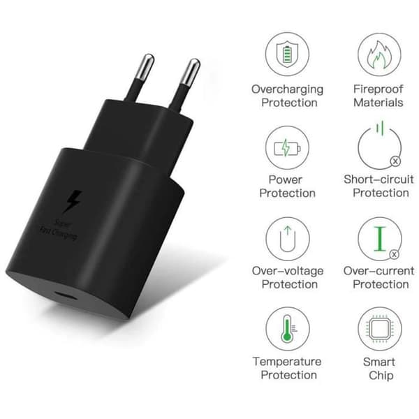 Hurtigoplader 25W + USB-C til USB-C Kabel Sort til Samsung Galaxy TAB S7 - TAB S7 PLUS Phonillico® Svart