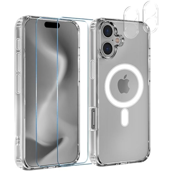 Silikonskal för iPhone 16 och 2 Härdade glas för skärmen samt 2 Kameraskydd - Inbyggd magnetisk ring Phonillico® Transparent