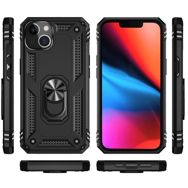 Coque Sort for iPhone 14 - Stødabsorberende Shockproof Militær Stil Robuste Ring 360 Rotérbar Phonillico® Svart
