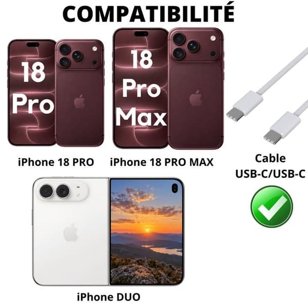 USB-C USB-C kabel til iPhone 18 PRO/iPhone 18 PRO MAX/iPhone DUO - 1 meter flettet nylon kabel Phonillico® Vit