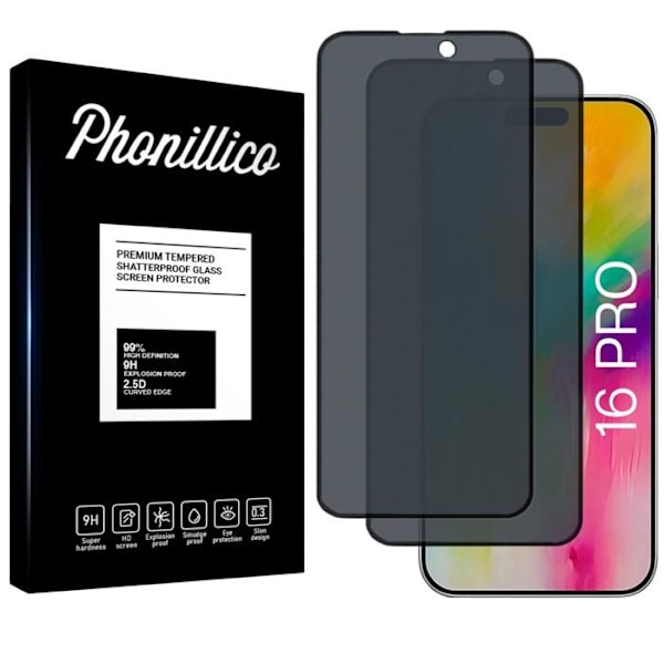 Skærmbeskyttelse - Phonillico® - iPhone 16 PRO - Tempereret Glas - Pakke med 2 - Anti-Spion Svart