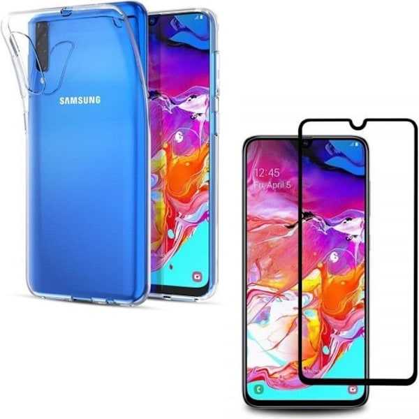 Coque til Samsung Galaxy A70 - Blød Transparent Silikone + Hel Glastempereret Sort Kantskærm Beskyttelse [Phonillico®]