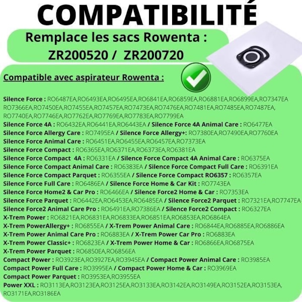 "Sugemask til Rowenta Compact Power X Trem Power Silence Force Erstatningsposer ZR200520 ZR200720 [Sæt 8] Phonillico®"