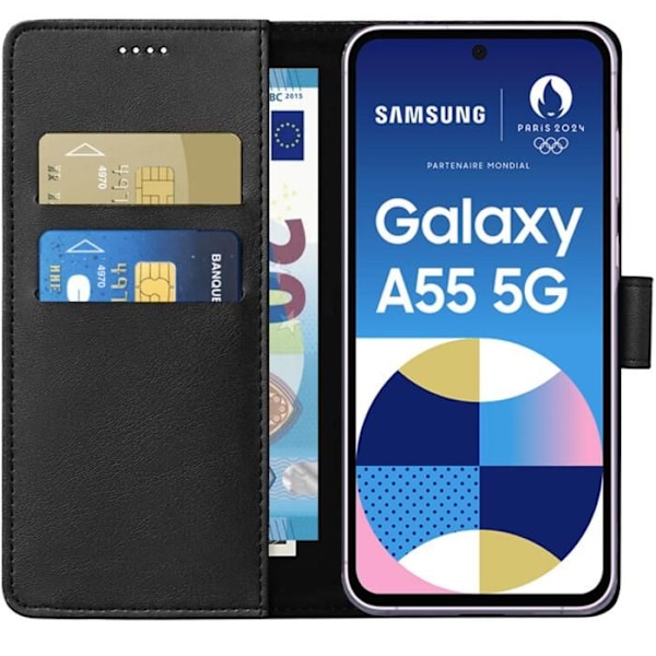 Coque - Phonillico® - Samsung Galaxy A55 5G - Sort - Læderlook - Støttefunktion Svart