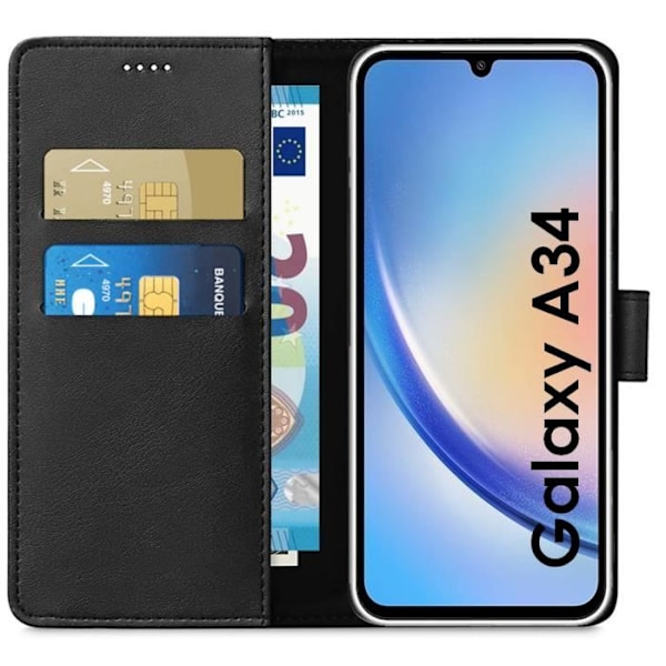 Samsung Galaxy A34 5G - Musta Lompakko Suoja Klapattu Magneettikiinnitys Korttitilalla Phonillico®