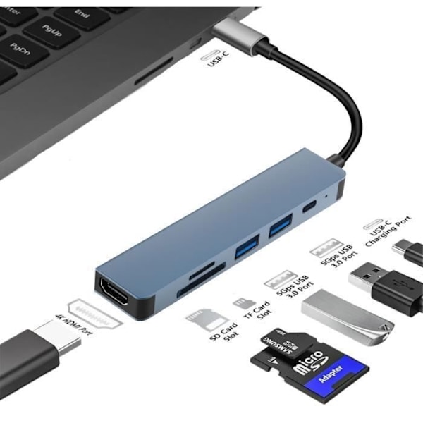 6in1 USB-C Hub Adapter HDMI 4K USB 3.0 SD-TF kortläsare PD Port 100W Kompatibel med surfplatta