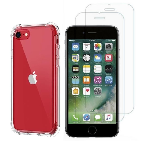 Chock-skydd - Phonillico - iPhone SE 2022/2020 - Mjukt silikon - 2 härdade glas - Förstärkt skydd Transparent