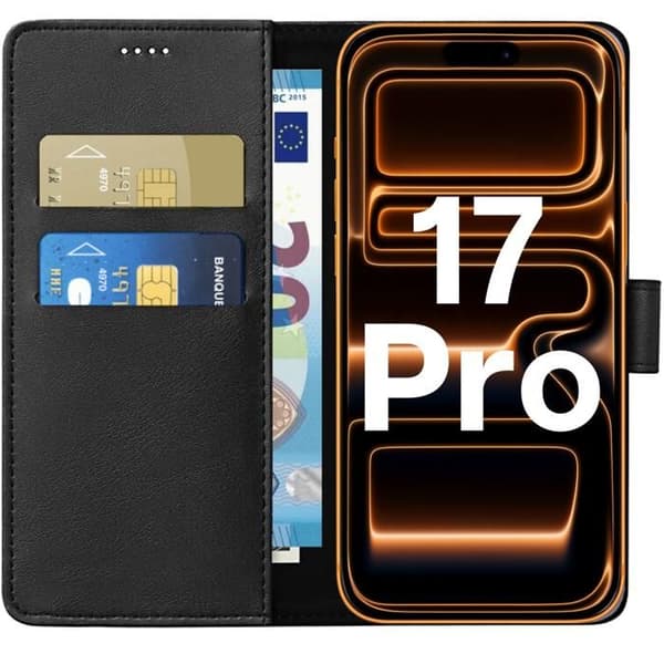 Coque til iPhone 17 PRO - Sorte Wallet med Magnetisk Klap og Kortplads Phonillico® Svart