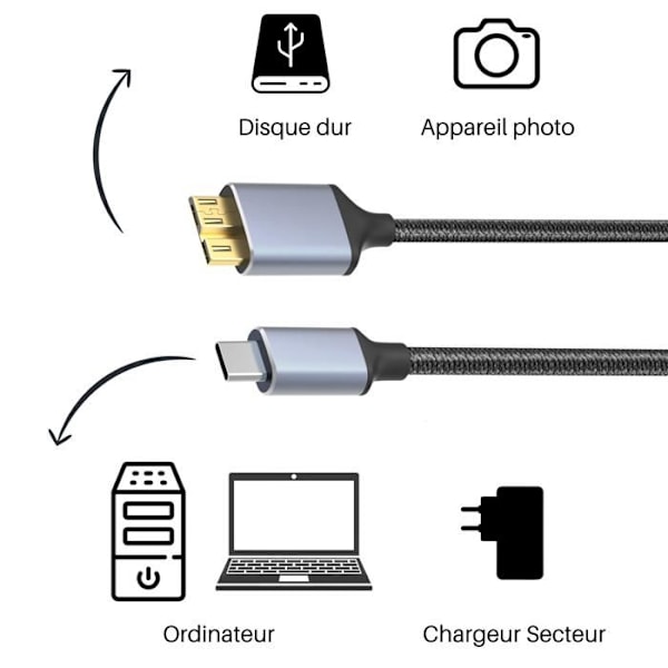 USB-C till Micro USB 3.0 kabel 1 meter för extern hårddisk kamera dator Svart