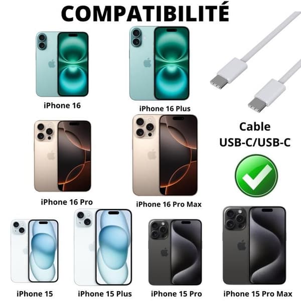 USB-C til USB-C kabel til iPhone 16 / 16 PLUS / 16 PRO / 16 PRO MAX - 2 meter flettet nylonkabel Phonillico® Vit