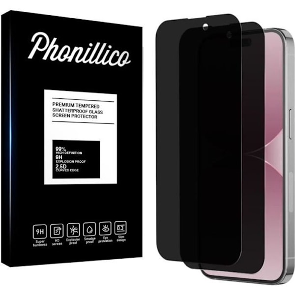 Film Tempered Glass Anti Spy til iPhone 15 PRO MAX [Pakke 2] Sort Skærmbeskyttelse Phonillico®