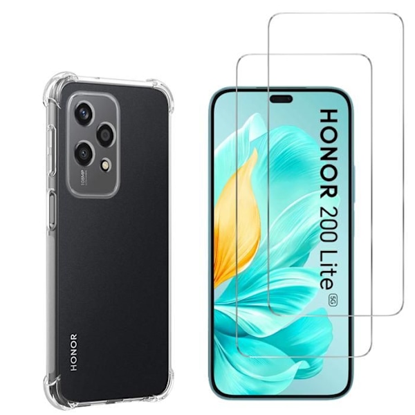 Stötdämpande skal - Phonillico - Honor 200 Lite 5G - Mjuk silikon - 2 härdade glas - Förstärkt skydd Transparent