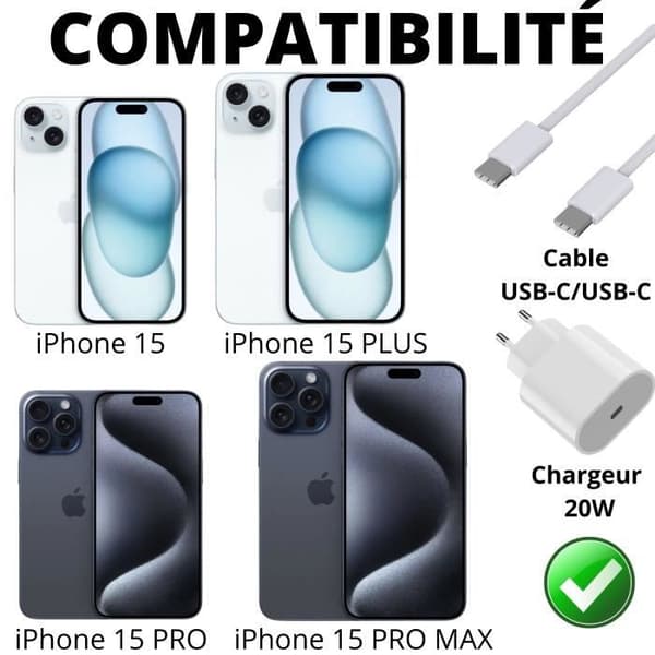 Hurtigoplader 20W + USB-C til USB-C kabel 1 meter til iPhone 15 - 15 PLUS - 15 PRO - 15 PRO MAX Phonillico®