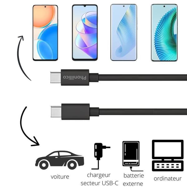 Kabel 20 cm USB-C USB-C svart för Honor Magic 5 / Magic 5 Lite / Magic 5 Pro / Magic 4 / Magic 4 Lite / Magic 4 Pro Phonillico® Svart