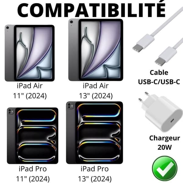 Snabbladdare 20W - Ej specificerad - iPad Air/Pro 2024 - USB-C-kabel 2m - Snabbladdning - Flätad nylon