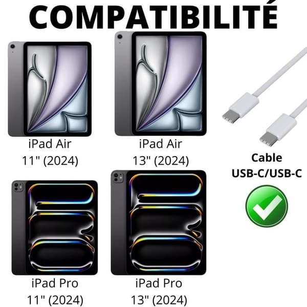 USB-C Kabel - PHONILLICO - Sæt af 2 - Fleecet nylon - 2 meter - Kompatibel med iPad Air/Pro 2024