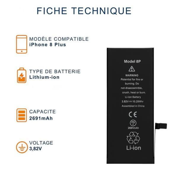 Batteri til iPhone 8 PLUS - Erstatningsbatteri 2691mAh Lithium-ion Phonillico®