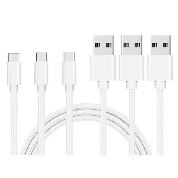 USB-C-kablar - PHONILLICO - 3-pack - Flätad nylon - 1 meter - Silvervit Silver, Vit
