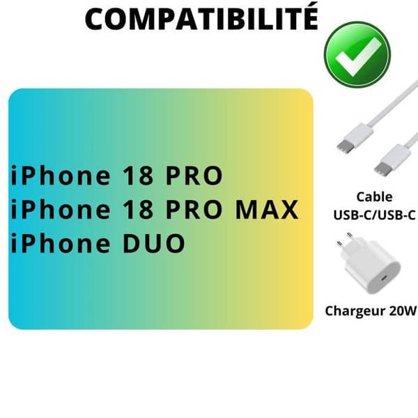 Lot 2 Snabbladdare 20W + 2 USB-C till USB-C kablar 1 meter för iPhone 18 PRO/iPhone 18 PRO MAX/iPhone DUO - Phonillico® Vit