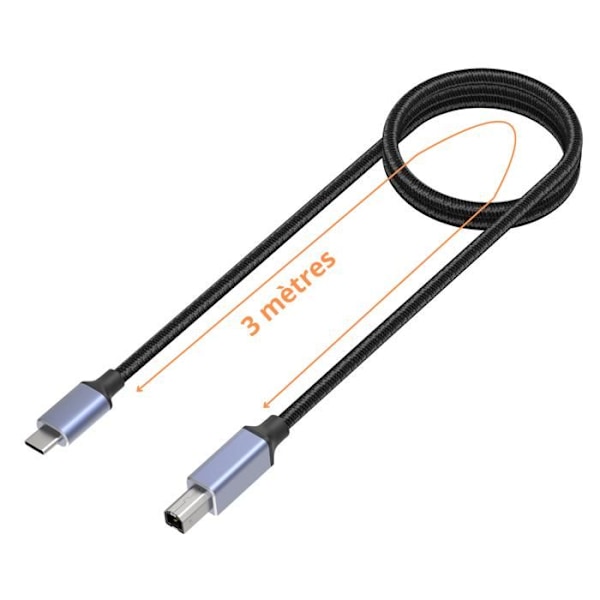 USB-C Printer Kabel - Generisk - 3m - Kompatibel med Canon HP Dell Epson - USB 2.0 B - Sort