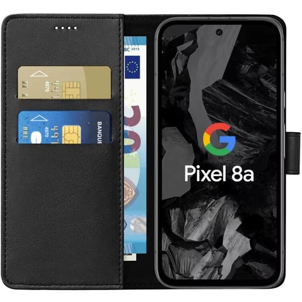 Coque til Google Pixel 8a - Sort Portefeuille med Magnetisk Klap og Kortrum Phonillico Svart