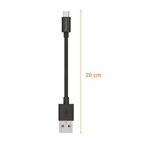 Lot 2 kablar 20cm USB-C svart för Huawei P9 / P9 PLUS / P10 / P20 / P20 LITE / P20 PRO Phonillico® Svart