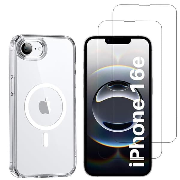 Coque til iPhone 16e og 2 hårdføre glas - Indbygget magnetisk cirkel Phonillico® Transparent